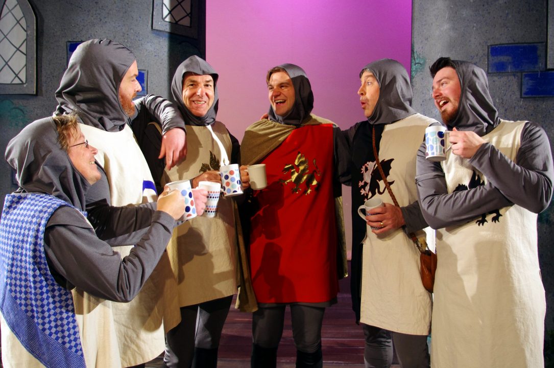Knights and King Arthur drinking coffee.