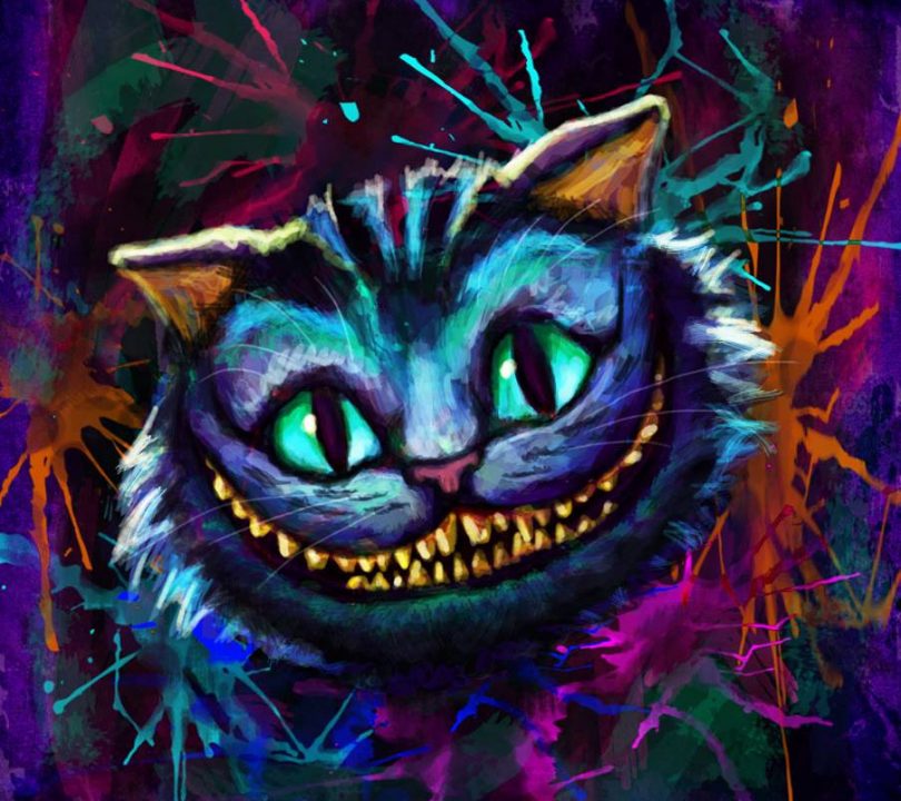 Art of a smiling Chesjire Cat face in neon colours